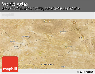 Satellite 3D Map of the Area around 47° 41' 6" N, 53° 37' 30" E