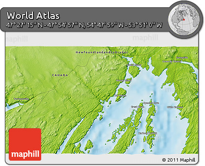 Physical 3D Map of the Area around 47° 41' 6" N, 54° 19' 30" W