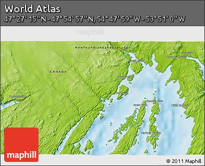 Physical 3D Map of the Area around 47° 41' 6" N, 54° 19' 30" W