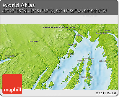 Physical 3D Map of the Area around 47° 41' 6" N, 54° 19' 30" W