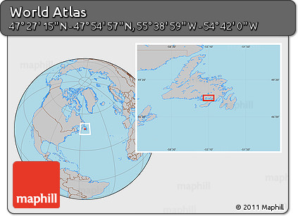 Gray Location Map of the Area around 47° 41' 6" N, 55° 10' 29" W