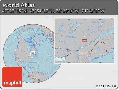 Gray Location Map of the Area around 47° 41' 6" N, 72° 10' 30" W, hill shading