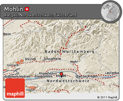 Shaded Relief Panoramic Map of Möhlin