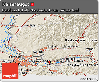 Shaded Relief Panoramic Map of Kaiseraugst