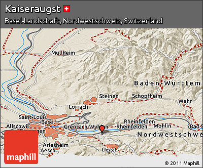 Shaded Relief Panoramic Map of Kaiseraugst