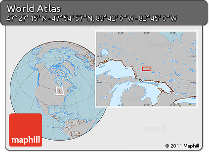 Gray Location Map of the Area around 47° 41' 6" N, 83° 13' 29" W, hill shading