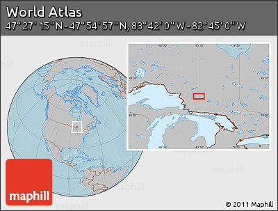 Gray Location Map of the Area around 47° 41' 6" N, 83° 13' 29" W, hill shading