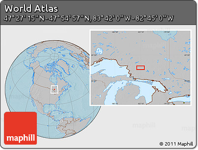 Gray Location Map of the Area around 47° 41' 6" N, 83° 13' 29" W, hill shading