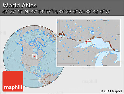 Gray Location Map of the Area around 47° 41' 6" N, 89° 10' 30" W, hill shading