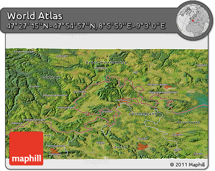 Satellite 3D Map of the Area around 47° 41' 6" N, 8° 34' 29" E