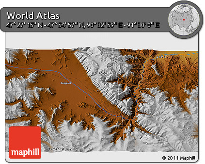 Physical 3D Map of the Area around 47° 41' 6" N, 91° 1' 30" E