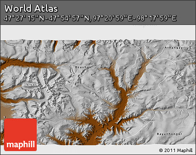 Physical 3D Map of the Area around 47° 41' 6" N, 97° 49' 29" E