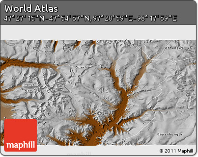 Physical 3D Map of the Area around 47° 41' 6" N, 97° 49' 29" E
