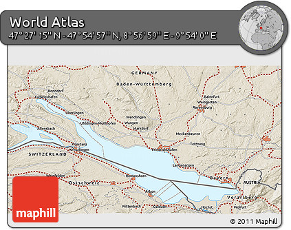 Shaded Relief 3D Map of the Area around 47° 41' 6" N, 9° 25' 30" E
