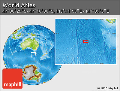 Physical Location Map of the Area around 47° 24' 32" S, 141° 10' 30" E