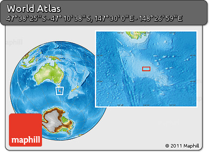 Physical Location Map of the Area around 47° 24' 32" S, 147° 58' 29" E