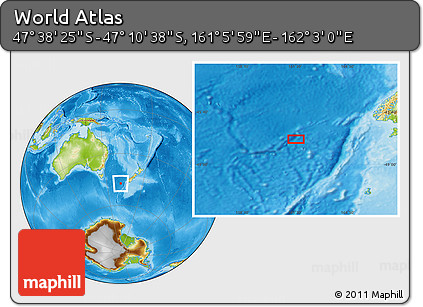 Physical Location Map of the Area around 47° 24' 32" S, 161° 34' 29" E