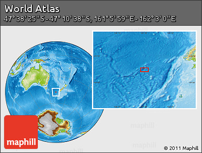 Physical Location Map of the Area around 47° 24' 32" S, 161° 34' 29" E