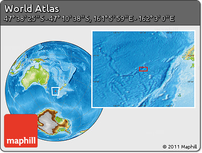 Physical Location Map of the Area around 47° 24' 32" S, 161° 34' 29" E