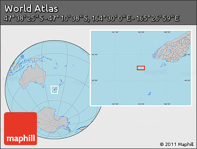 Gray Location Map of the Area around 47° 24' 32" S, 164° 58' 29" E