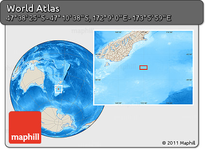 Shaded Relief Location Map of the Area around 47° 24' 32" S, 172° 37' 30" E