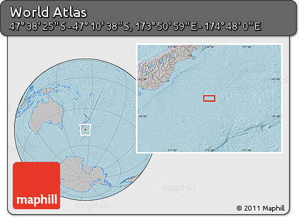 Gray Location Map of the Area around 47° 24' 32" S, 174° 19' 29" E, hill shading