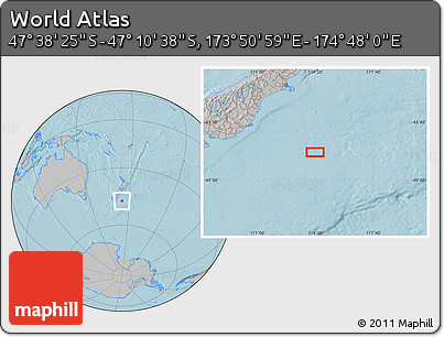 Gray Location Map of the Area around 47° 24' 32" S, 174° 19' 29" E, hill shading