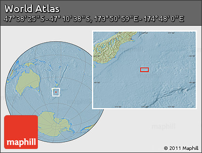 Savanna Style Location Map of the Area around 47° 24' 32" S, 174° 19' 29" E, hill shading