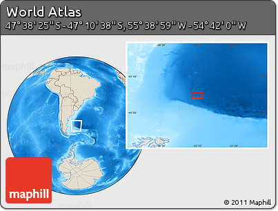 Shaded Relief Location Map of the Area around 47° 24' 32" S, 55° 10' 29" W