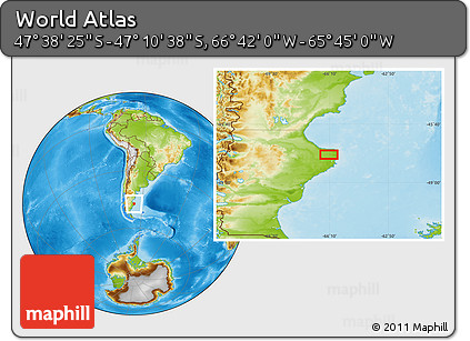 Physical Location Map of the Area around 47° 24' 32" S, 66° 13' 29" W
