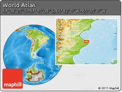 Physical Location Map of the Area around 47° 24' 32" S, 66° 13' 29" W
