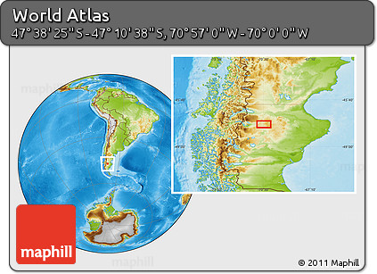 Physical Location Map of the Area around 47° 24' 32" S, 70° 28' 29" W