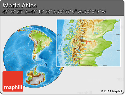 Physical Location Map of the Area around 47° 24' 32" S, 70° 28' 29" W