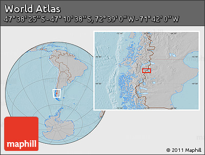 Gray Location Map of the Area around 47° 24' 32" S, 72° 10' 30" W, hill shading
