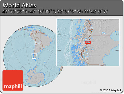 Gray Location Map of the Area around 47° 24' 32" S, 72° 10' 30" W, hill shading