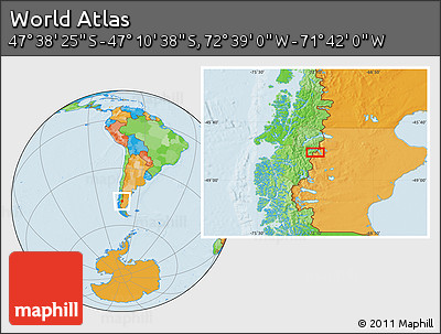 Political Location Map of the Area around 47° 24' 32" S, 72° 10' 30" W
