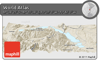 Shaded Relief Panoramic Map of the Area around 47° 24' 32" S, 72° 10' 30" W