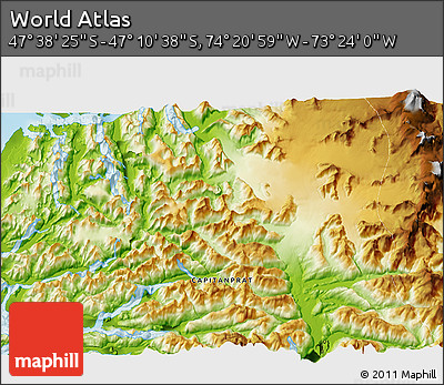 Physical 3D Map of the Area around 47° 24' 32" S, 73° 52' 30" W