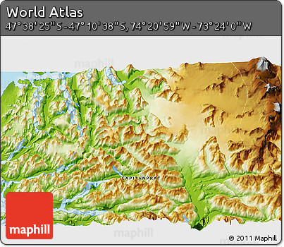 Physical 3D Map of the Area around 47° 24' 32" S, 73° 52' 30" W
