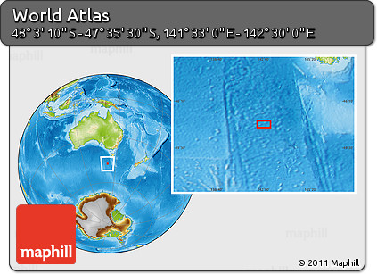 Physical Location Map of the Area around 47° 49' 20" S, 142° 1' 30" E