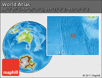 Physical Location Map of the Area around 47° 49' 20" S, 142° 1' 30" E