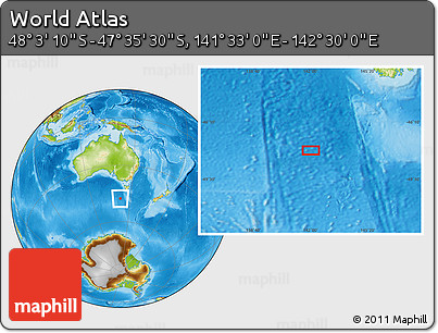 Physical Location Map of the Area around 47° 49' 20" S, 142° 1' 30" E