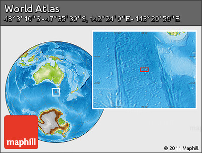 Physical Location Map of the Area around 47° 49' 20" S, 142° 52' 30" E