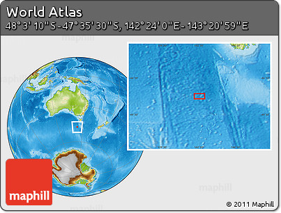 Physical Location Map of the Area around 47° 49' 20" S, 142° 52' 30" E