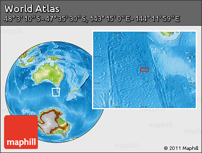 Physical Location Map of the Area around 47° 49' 20" S, 143° 43' 29" E