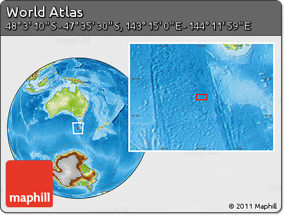 Physical Location Map of the Area around 47° 49' 20" S, 143° 43' 29" E