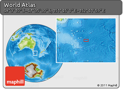 Physical Location Map of the Area around 47° 49' 20" S, 152° 13' 29" E