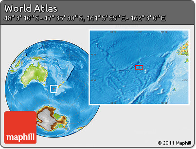 Physical Location Map of the Area around 47° 49' 20" S, 161° 34' 29" E