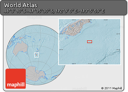 Gray Location Map of the Area around 47° 49' 20" S, 172° 37' 30" E, hill shading