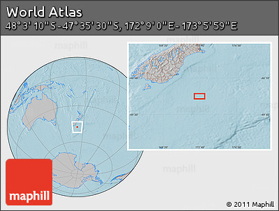 Gray Location Map of the Area around 47° 49' 20" S, 172° 37' 30" E, hill shading
